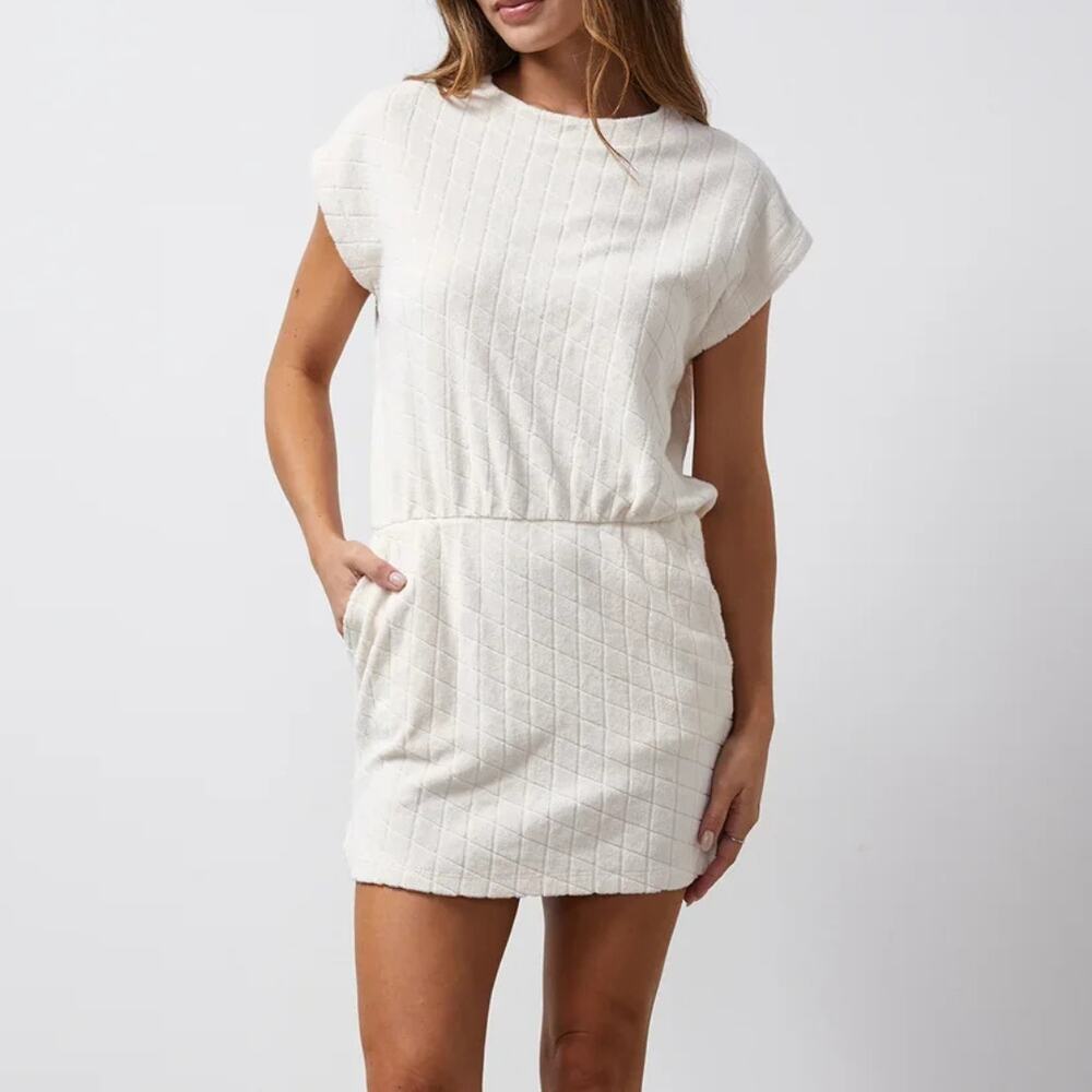 Monrow NWT Cream Diamond Argyle 100% Cotton Terry Cloth Mini Dress Coverup